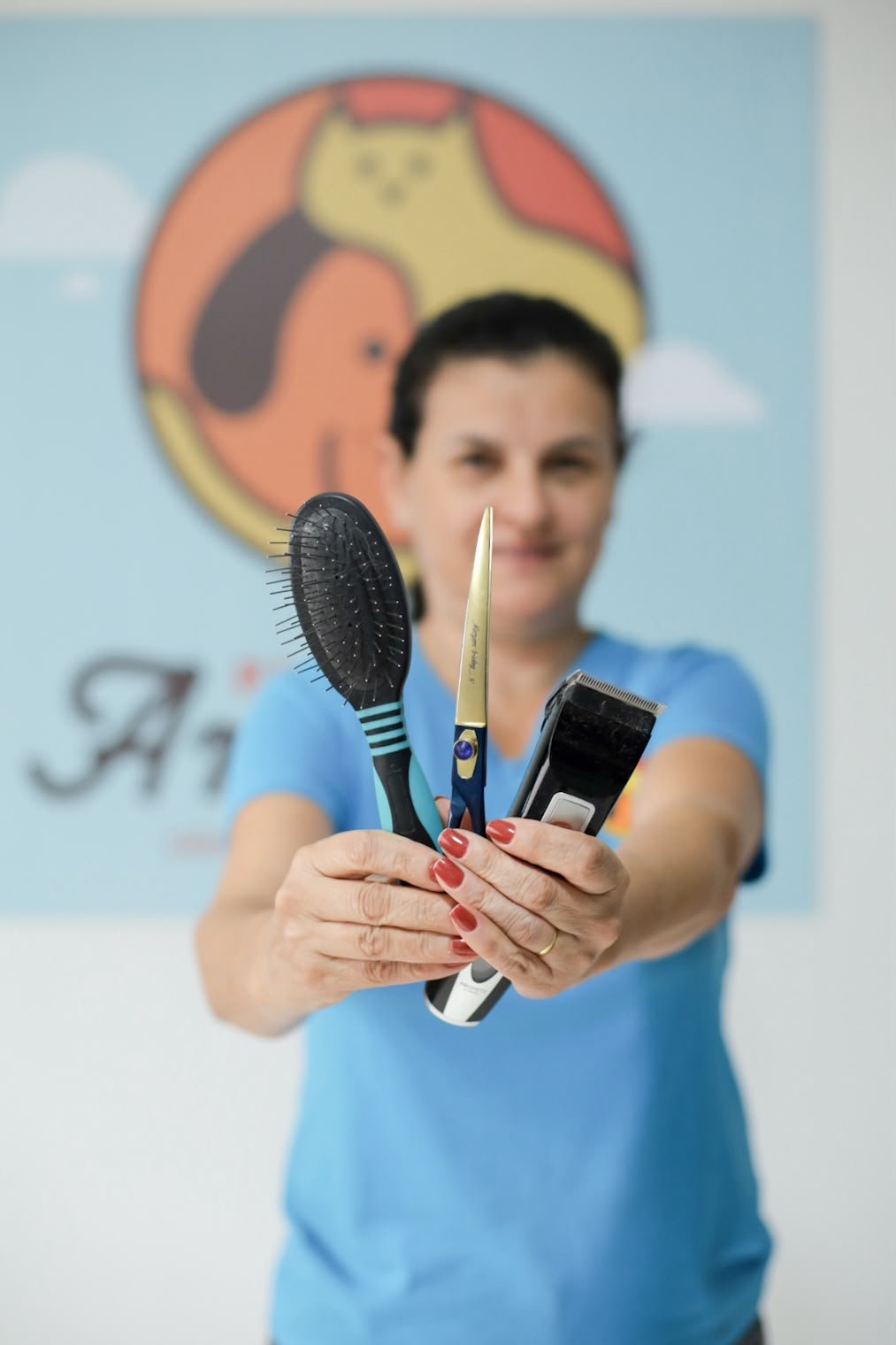 Profissional segurando escova e máquina de tosa